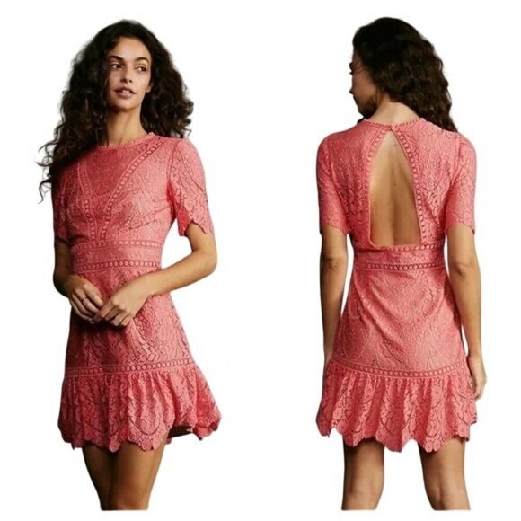 Saylor Darian Open Back Ruffle Mini Cocktail Dress Lace Crochet Coral Women XL - Picture 1 of 15